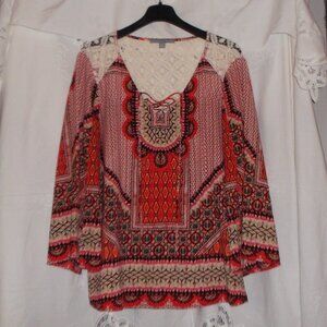 Womens Valerie Stevens Orange & Black Boho Blouse w Lace & Flared Sleeves- Sz XL